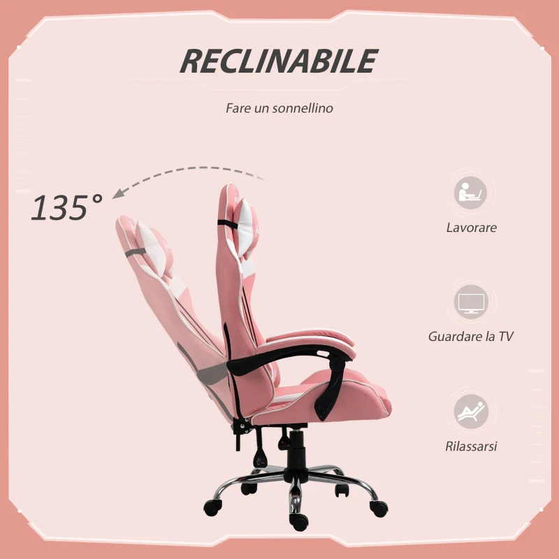 Vinsetto Sedia da Gaming Ergonomica con Poggiatesta, Altezza Regolabile e Reclinabile, Poltrona Girevole con Ruote, 63x67x119-127cm, Rosa
