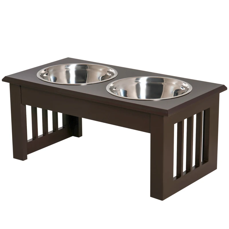 PawHut Raised Dog Feeding Bowls with Stand, Stainless Steel for Extra Small and Small Dog, 44L x 24W x 15H cm - Brown