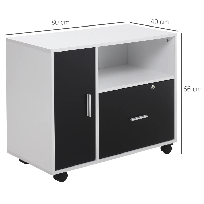 HOMCOM support d'imprimante organiseur bureau caisson placard porte, niche, tiroir verrouillable + grand plateau panneaux particules noir blanc