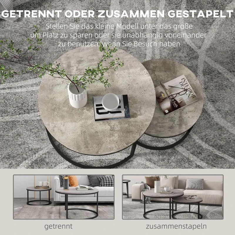 HOMCOM Couchtisch-Set, 2 runde Satztische, Industriedesign, Metallgestell, Marmoroptik/Grau(m-5)