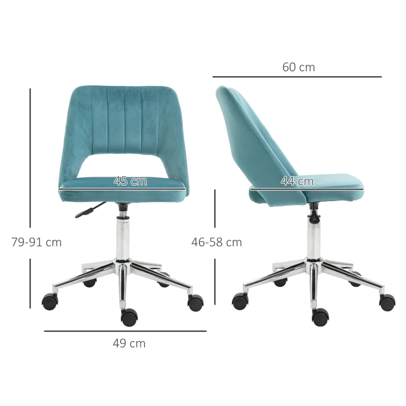 Vinsetto Chaise de bureau design contemporain pivotante 360° ergonomique dossier strié aéré hauteur réglable revêtement velours 49 x 60 x 91 cm bleu