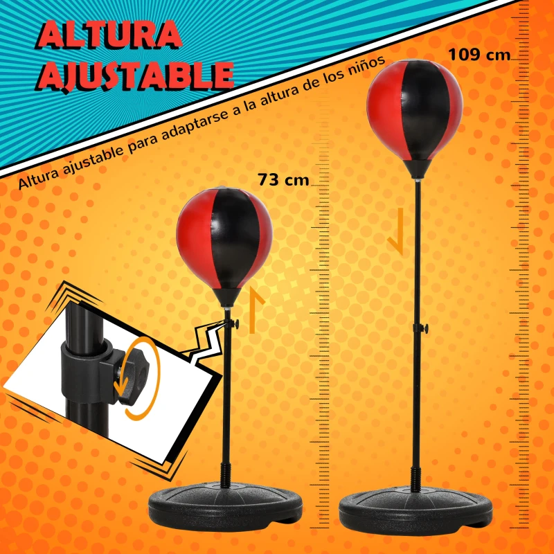 HOMCOM Saco de Boxeo para Niños de +3 Años Altura Ajustable Set de Boxeo Punching Ball con Guantes e Inflador Base Rellenable 33x33x73-109 cm Negro y Rojo
