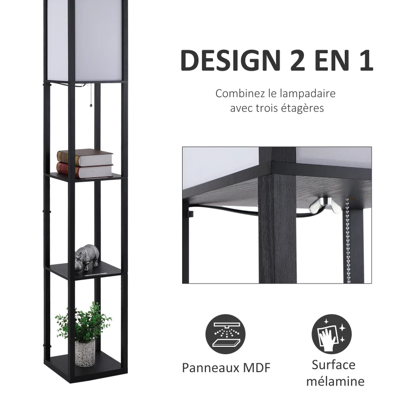 HOMCOM Lampadaire étagère 26L x 26l x 160H cm 3 étagères 4 Niveaux MDF Noir