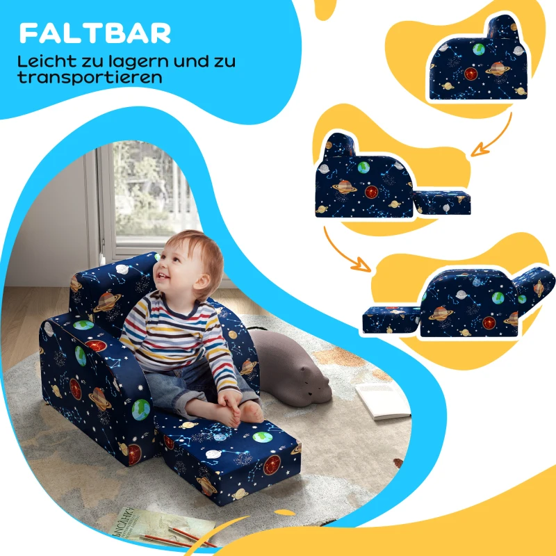 AIYAPLAY Kindersessel mit Bettfunktion, bis 3 Jahre/45 kg, Planeten-Muster, 46,5x93x28,5 cm, Blau