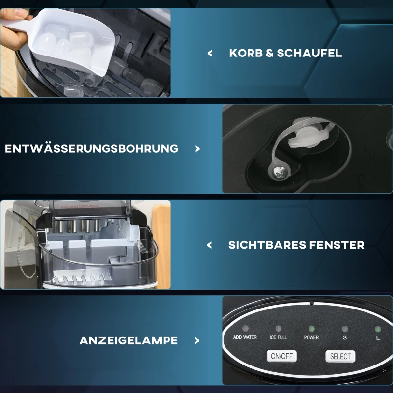 HOMCOM Eiswürfelmaschine Eiswürfelspender, Ice-Maker, 12kg/Tag, 9 Stück/ 6-12Minuten, Silber