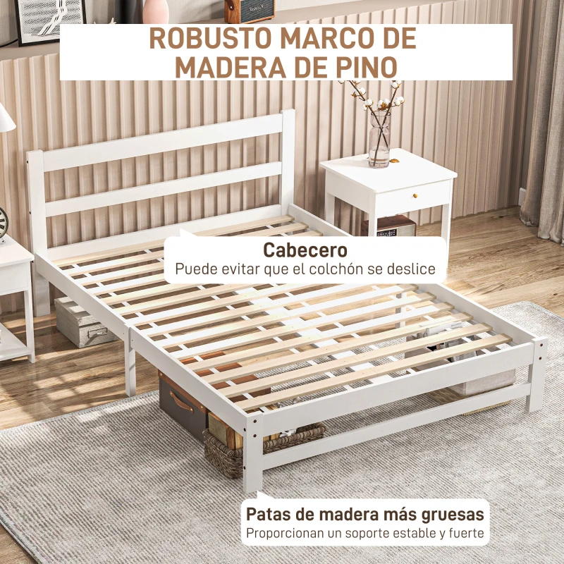 HOMCOM Marco de Cama de Madera 195x141 cm Estructura de Cama Doble para Colchón de 135x190 cm (no incluido) Carga 300 kg Blanco