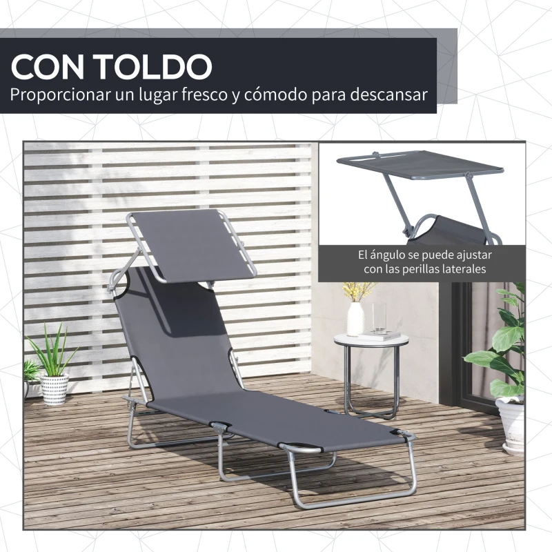 Outsunny Tumbona de jardín Plegable con Toldo y Respaldo Reclinable para Jardín Terraza Acampada 187x58x36cm Gris