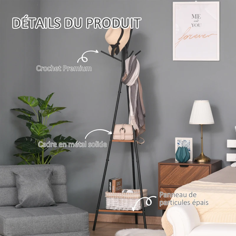 HOMCOM Porte-manteau trépied style industriel branches 2 étagères + 6 patères dim. 52L x 46l x 182H cm métal noir panneaux particules boisés