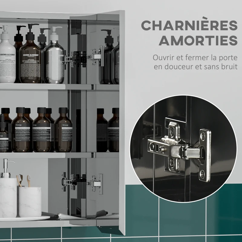 kleankin Armoire miroir de salle de bain en acier inoxydable armoire murale 2 portes et 3 compartiments intérieurs 54 x 13 x 60 cm argent