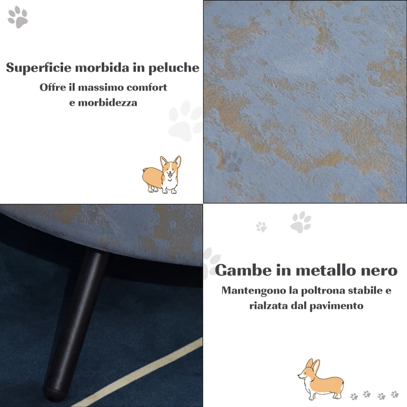 PawHut Divano per Cani di Piccola Taglia e Gatti con Rivestimento in Velluto Blu e Oro