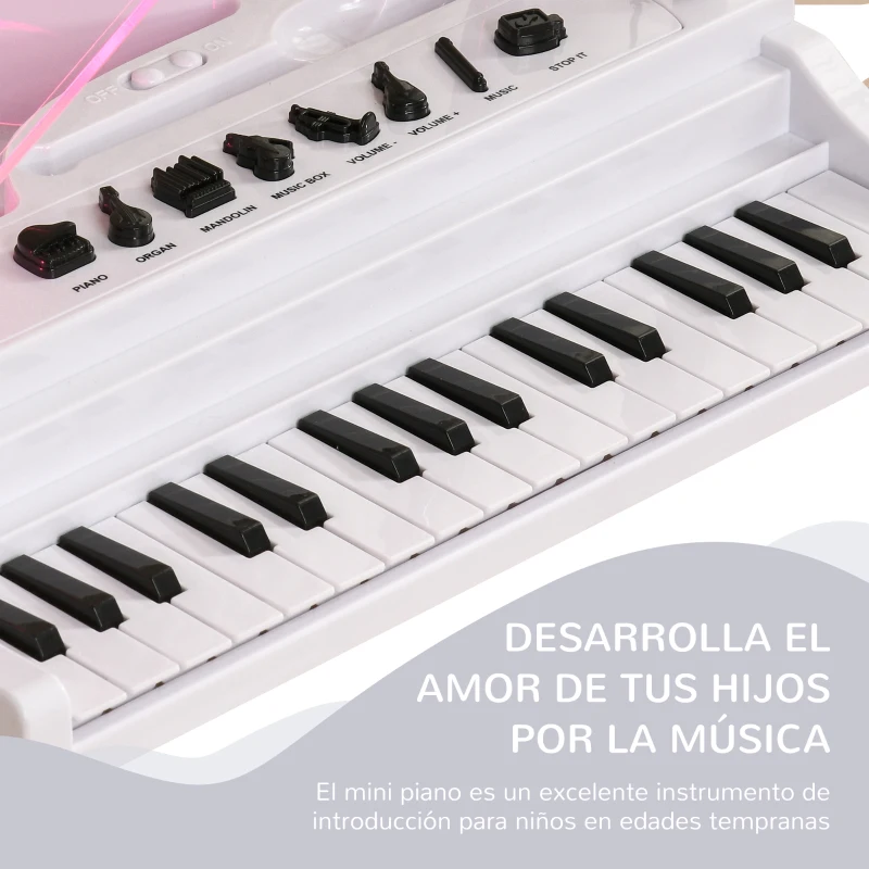 AIYAPLAY Juego de Piano Infantil de 32 Teclas con Micrófono Taburete Luces 22 Canciones y 4 Sonidos 37x30,5x60,4 cm Blanco