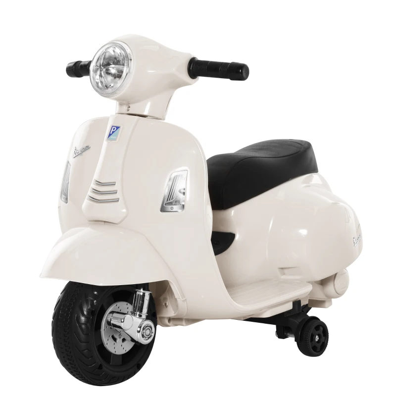 HOMCOM Motocicleta Infantil con Faro Bocina y 4 Ruedas Moto Eléctrica Vespa para Niños con Licencia 66,5x38x52 cm Blanco(m-10)