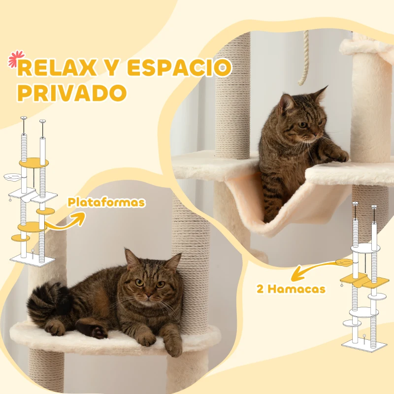 PawHut Árbol para Gatos de Suelo a Techo 225-255 cm con Hamacas Plataformas Juguete de Cuerda Bola de Juguete Beige y Gris
