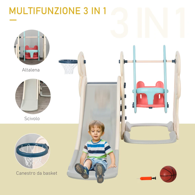 HOMCOM Scivolo 3 in 1 per Bambini con Altalena Regolabile, Canestro e Palle per Cameretta e Giardino, 160x220x120cm, Bianco, Azzurro e Grigio