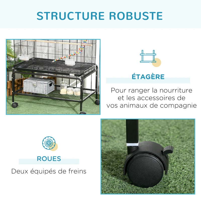 PawHut Cage à oiseaux sur pieds roulettes avec 4 mangeoires et 3 perchoirs 79 x 49 x 133 cm noir