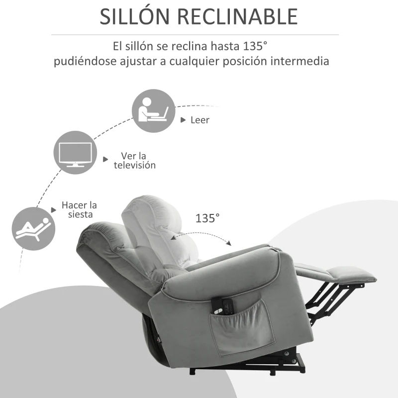 HOMCOM Sillón de Masaje Relax Sillón Levantapersonas con Reclinación Eléctrica hasta 135° Control Remoto y 8 Zonas de Masaje Tapizado en Terciopelo y Acolchado 79x97x103 cm Gris