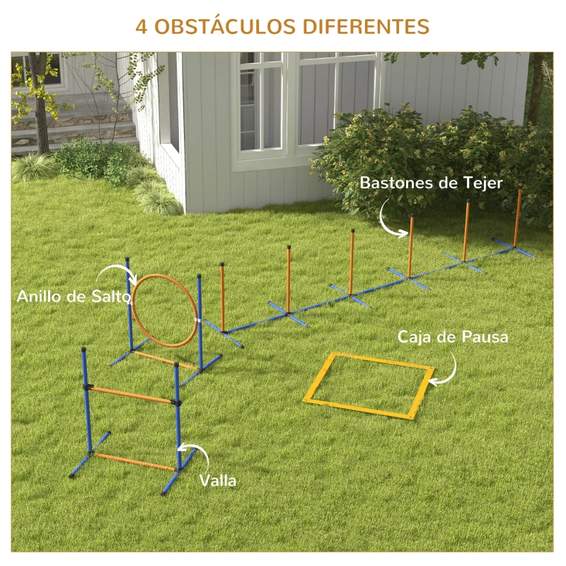 PawHut Juego de Agilidad para Perros de 4 Piezas con Piquetes para Slalom Zona de Reposo Valla y Anillo de Salto Naranja y Azul