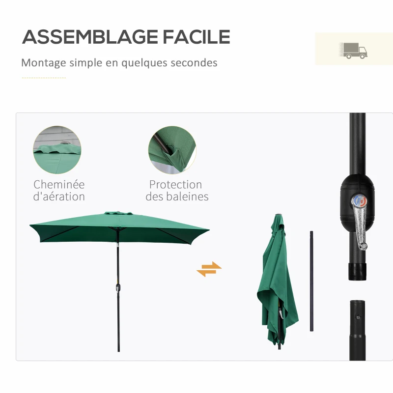 Outsunny Parasol inclinable rectangulaire aluminium polyester haute densité 3 x 2 m Vert