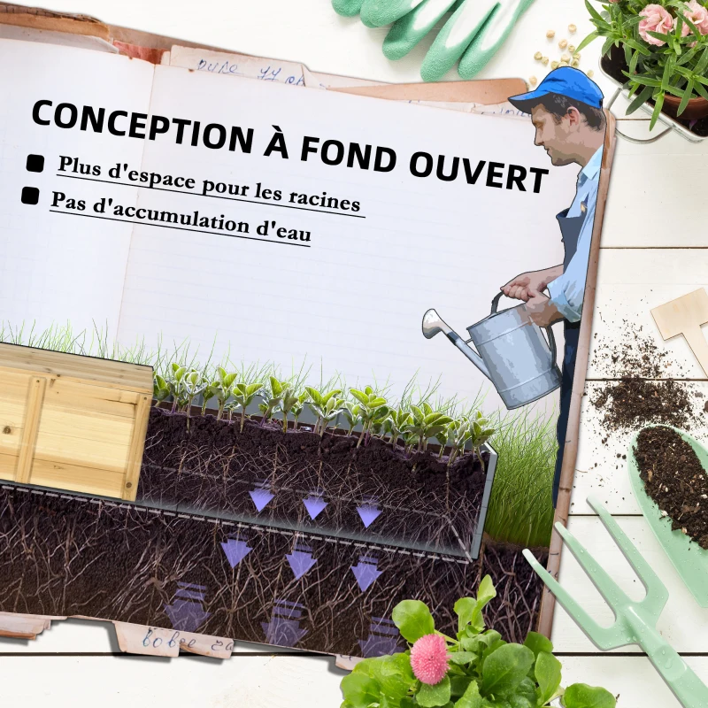 Outsunny Jardinière surélevée bac à fleurs en bois sans fond avec banc coulissant - 240 x 42 x 32 cm bleu foncé