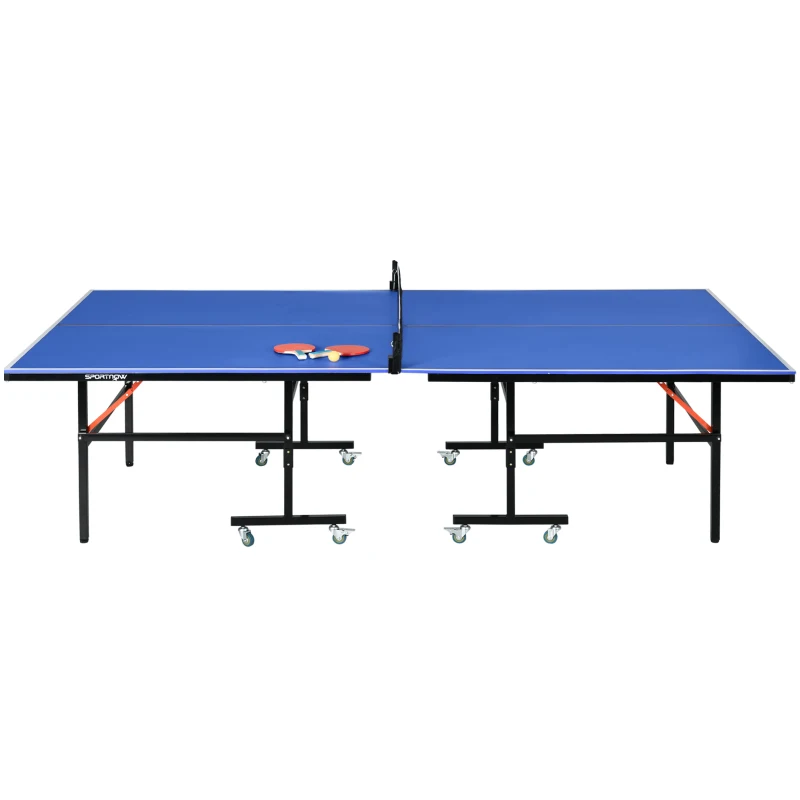SPORTNOW Mesa de Ping Pong Plegable con Ruedas para Interior y Exterior con Red Palas y Pelota 274x152,5x76 cm Azul