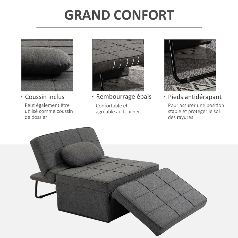 HOMCOM Chauffeuse 1 place 4 en 1 Fauteuil lit Convertible Pouf Dossier inclinable 5 Niveaux Repose-Pied Rabattable, Charge 200 Kg, châssis métal et Tissu Lin gris