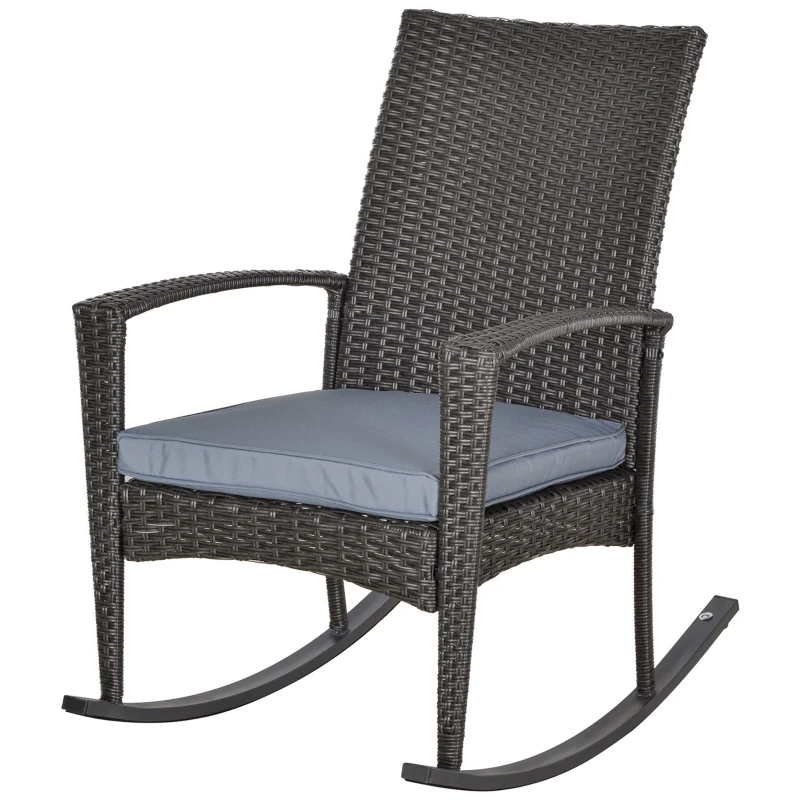 Outsunny Outdoor PE Rattan Rocking Chair, Garden Rocking Chair Set with Armrest and Cushion, Grey
