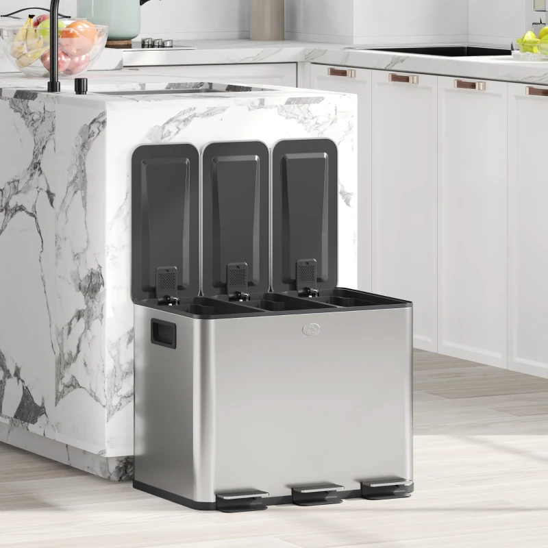 HOMCOM Papelera Cocina de Acero Inoxidable con 3 Compartimentos 3x10L con Pedales Tapas de Cierre Suave y Cubo Extraíble Plata