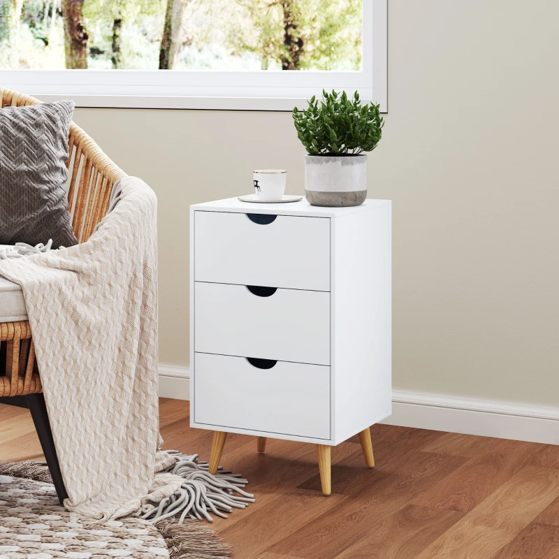 HOMCOM Bedside Table, Bedside Cabinet with 3 Drawers, Side End Table with Pine Wood Legs for Bedroom Living Room, Cream White