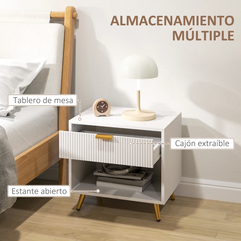 HOMCOM Mesita de Noche Moderna Mesilla de Noche con Cajón y Compartimento Abierto para Dormitorio Salón 50x40x47 cm Blanco