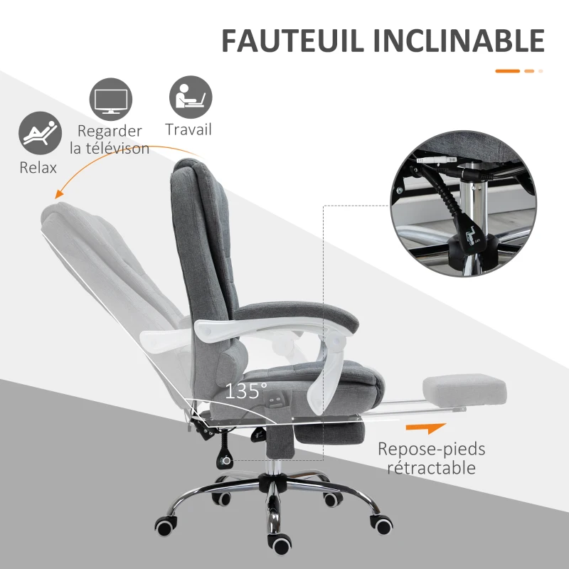 Vinsetto Fauteuil de bureau direction massant chauffant hauteur réglable dossier inclinable toile de lin gris
