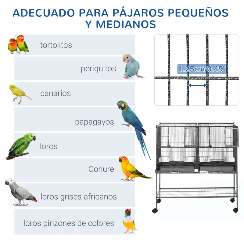 PawHut Jaula para Pájaros con Ruedas Pajarera Doble con 2 Bandejas Múltiples Puertas 4 Comederos 4 Perchas 95x45,5x102 cm Gris