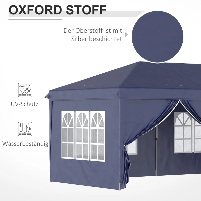 Outsunny Faltpavillon 6 x 3 m, abnehmbare Seitenwände, große Fenster, Reißverschlusstüren, Stahlrahmen, Blau