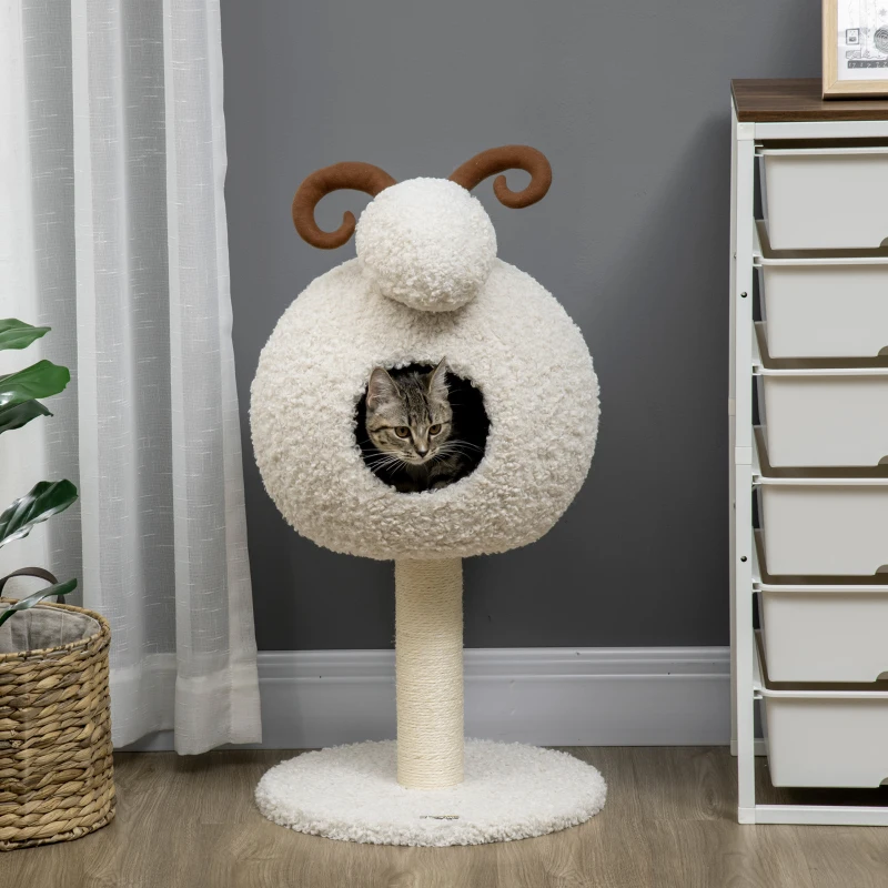 HOMCOM Kratzbaum für Katzen, Schafdesign inkl. Katzenhöhle u. Kratzstamm, waschbares Kissen, Cremeweiß + Braun