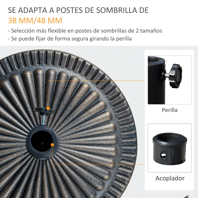Outsunny Base de Sombrilla de Jardín Peso Neto 14,28 kg Soporte de Parasol Redondo Apto para Postes de 38mm/48mm Resina y Acero para Terraza Patio Exterior Ø48,5x33 cm Bronce