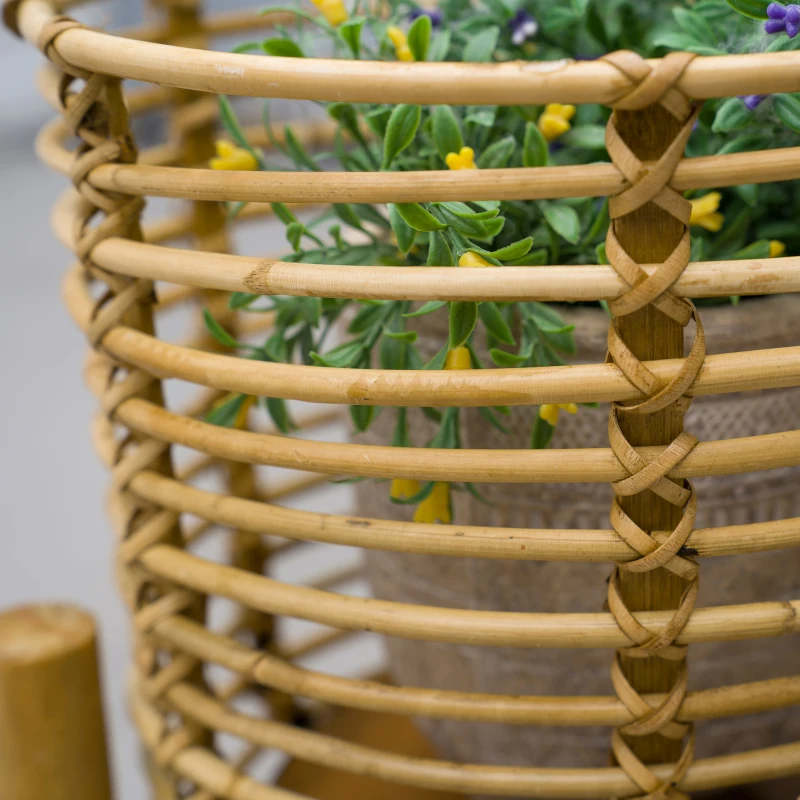 Outsunny 2er-Set Pflanzenständer, groß und klein, Körbe aus Rattan, Ständer aus Naturholz