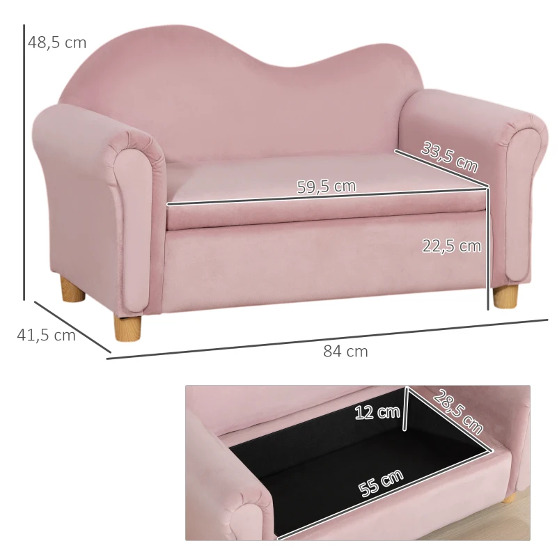 HOMCOM Kindersofa, Zweisitzer für Kinder 3-5 Jahre, Stauraum, Naturholzrahmen, 84 x 41,5 x 48,5cm, rosa