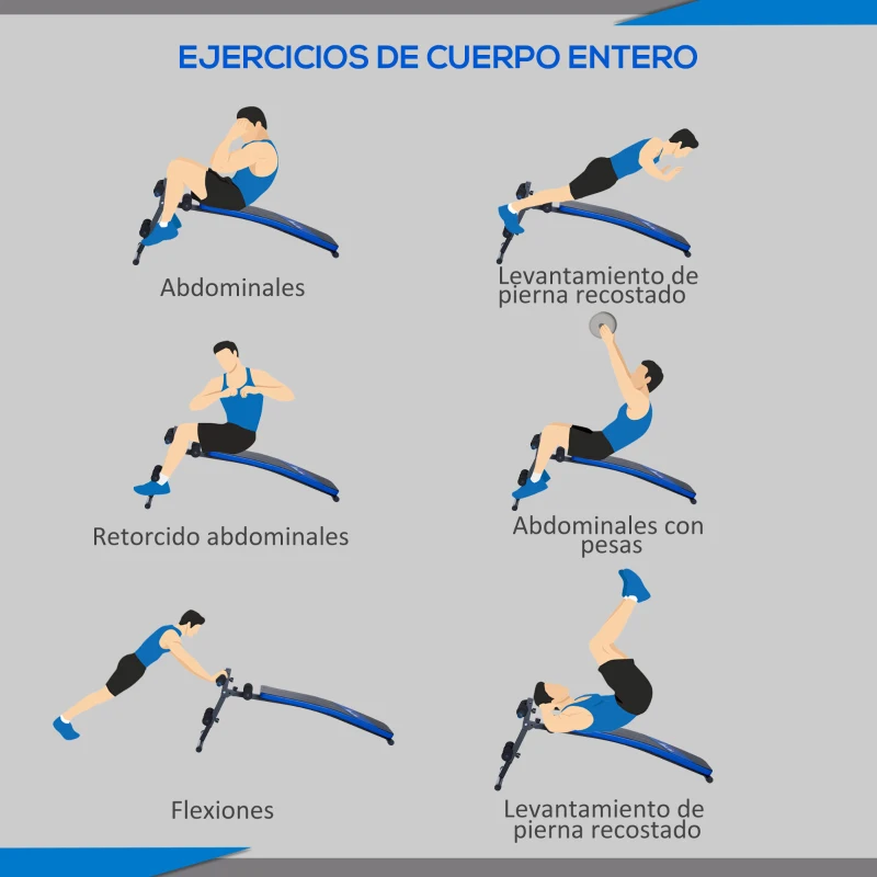 HOMCOM Banco de Abdominales Multifuncional Banco de Sentadillas con Soporte para Piernas Ajustable en Altura para Entrenamiento en Hogar Oficina 144x47x51-63 cm Negro y Azul