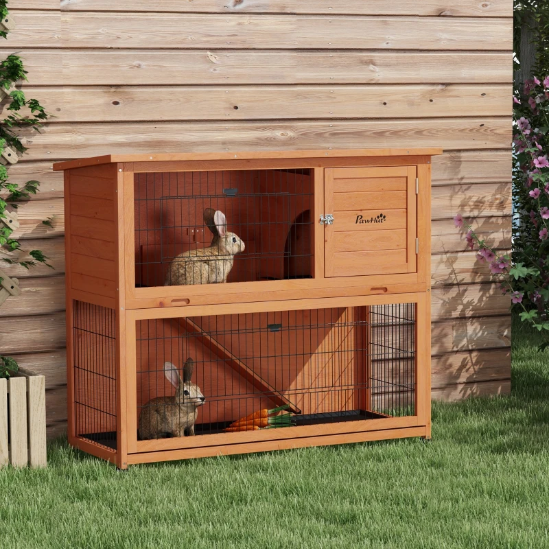 PawHut Two-Tier Antiseptic Wood Rabbit Hutch, 102cm Guinea Pig Hutch with Run - Orange