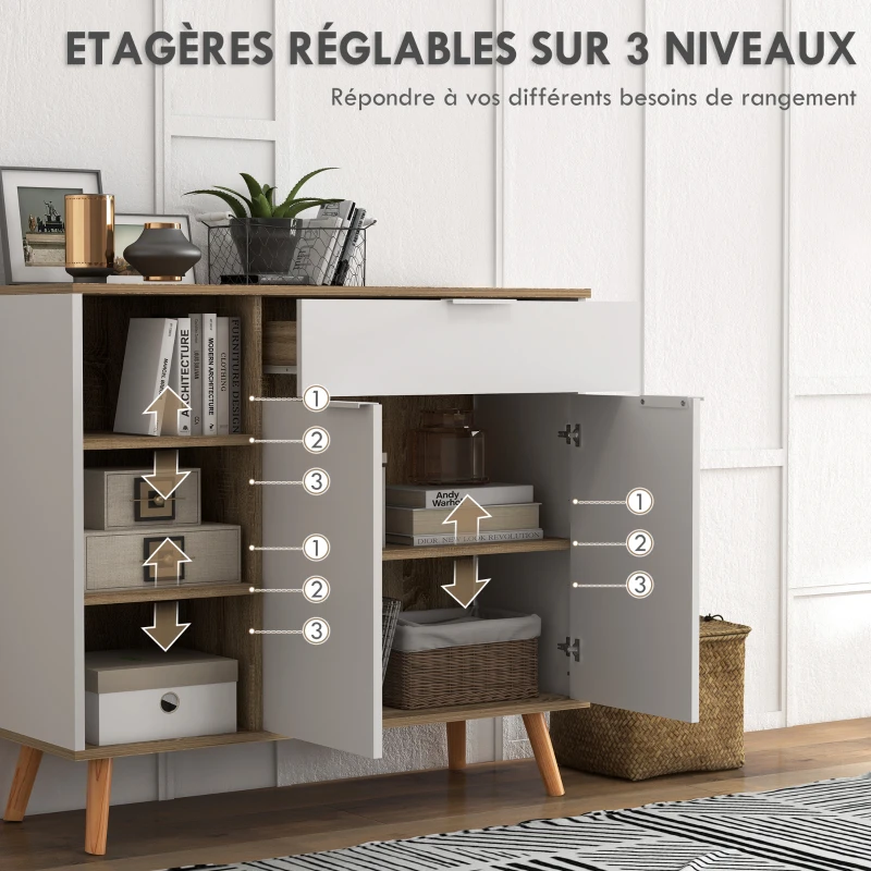 HOMCOM Meuble de rangement buffet cuisine 1 tiroir 1 placard double porte 3 étagères réglables 95 x 35 x 85 cm blanc(m-6)