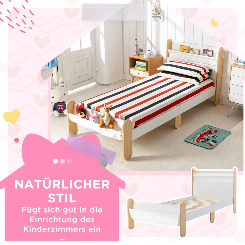 HOMCOM Kinderbett Jugendbett Hausbett mit Betttasche Spielzeugtasche ab 3 Jahre Holzbett Kinderzimmer Spielbett Einzelbett Kiefernholz Weiß+Natur 229 x 98 x 95 cm