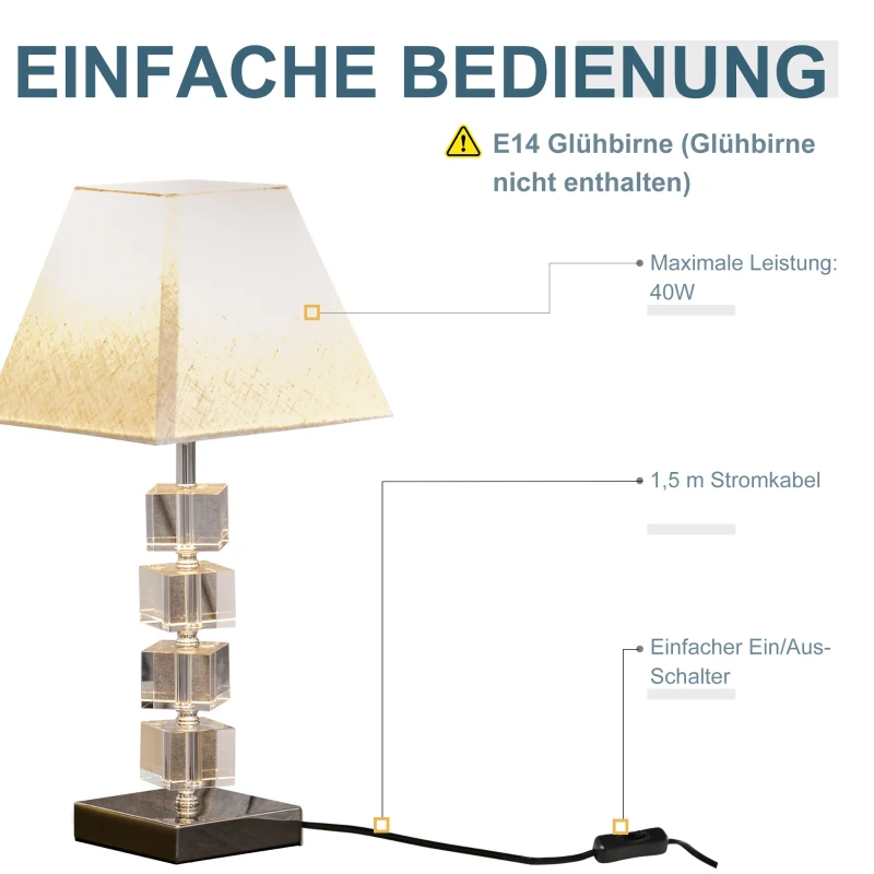 HOMCOM Tischlampe mit drehbarem Kristallwürfel, Metallsockel und Lampenschirm, Lampensockel E14, Metall, Polyestergewebe, Kristallglas, cremeweiß 20x20x47 cm