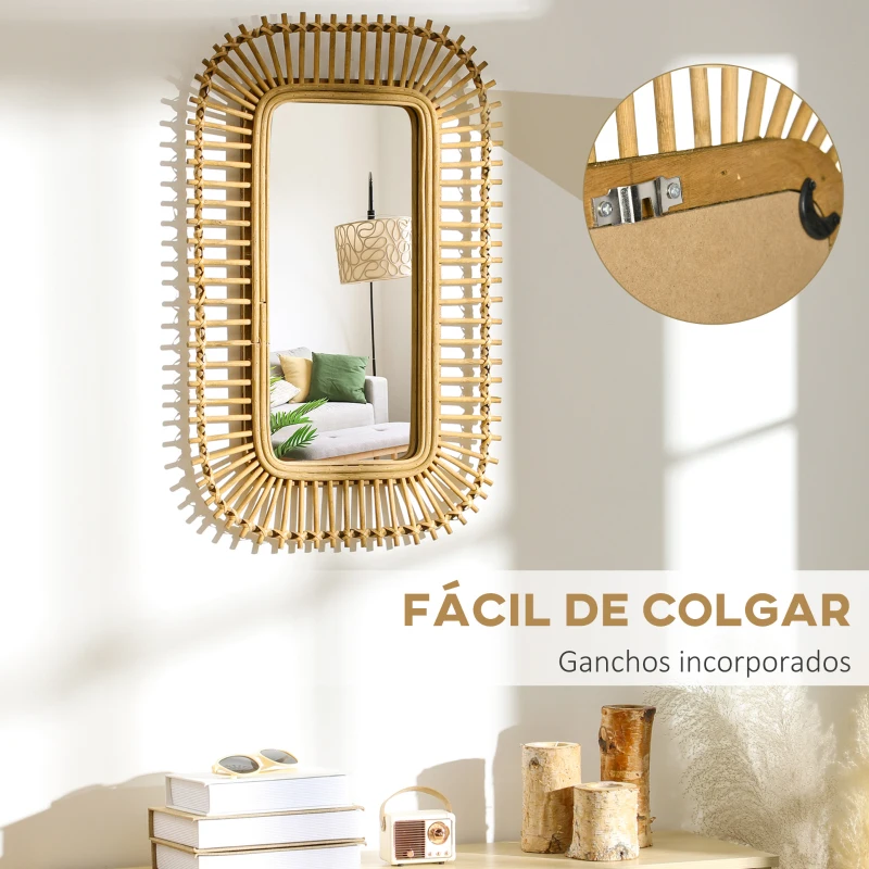 HOMCOM Espejo de Ratán Decorativo de Pared Espejo Colgante Rectangular para Salón Dormitorio Entrada Pasillo 75x48 cm Natural