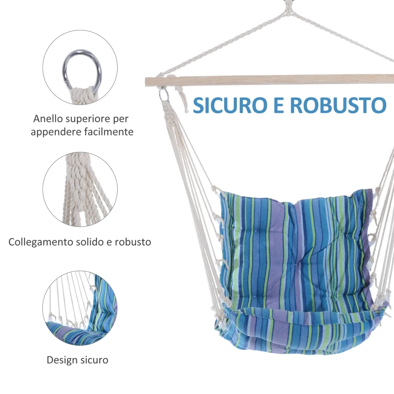 Outsunny Amaca Sedia Sospesa Imbottita con Corde e Supporto in Legno e Cotone a Righe