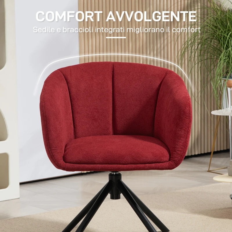 HOMCOM Poltrona Moderna Girevole con Seduta Imbottita in Tessuto Bouclé per Salotto e Ufficio, Rosso Vino