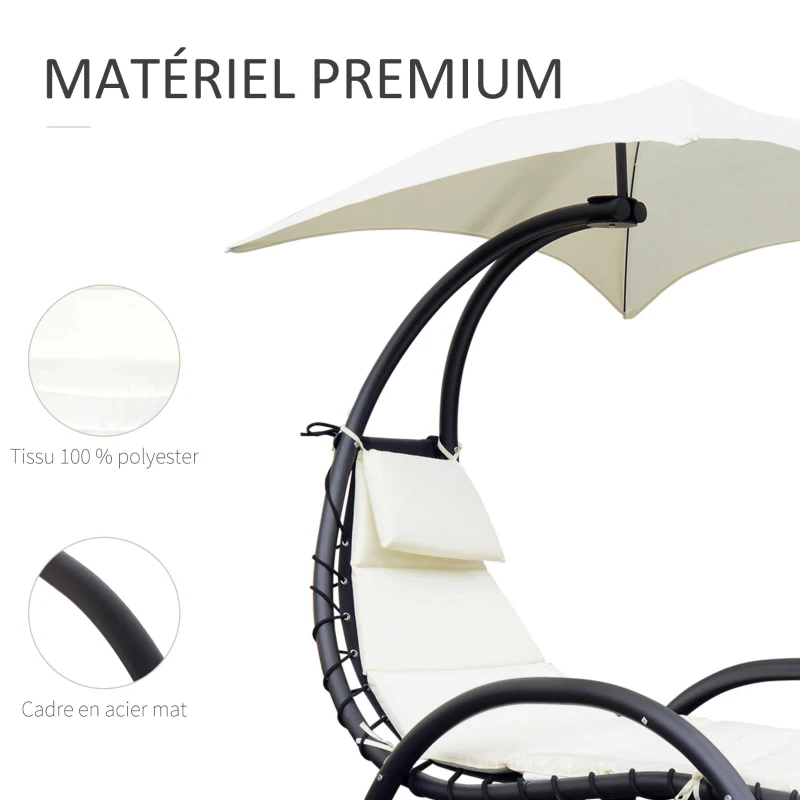 Outsunny Bain de Soleil transat de jardin chaise longue Design Contemporain - Pare-Soleil et Matelas - Acier Polyester - dim. 1,7L x 1,18l x 1,77H m - écru Noir