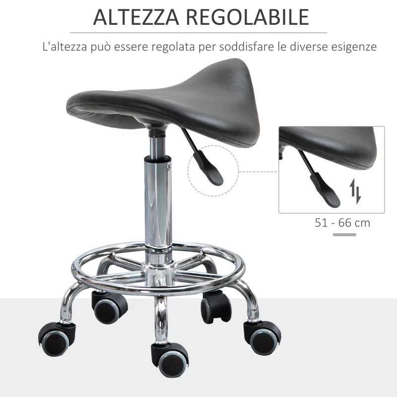 HOMCOM Sgabello Regolabile in Altezza con 5 Ruote e Seduta Ergonomica Imbottita in Gommapiuma, 36.2x37.5x51-66 cm, Nero