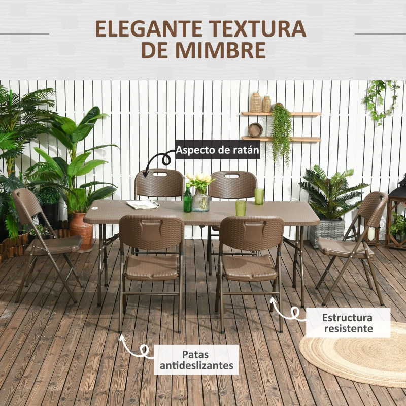 Outsunny Juego de Comedor de 7 Piezas Plegable con Marco de Acero Diseño de Imitación de Ratán para Playa Terraza Patio Marrón