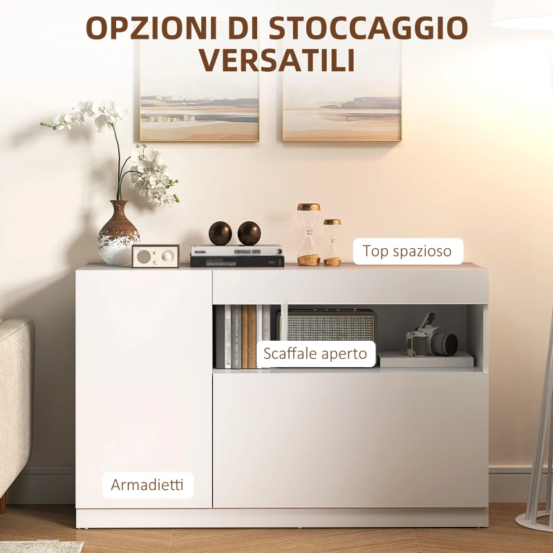 HOMCOM Credenza Moderna Bassa con Ante Ammortizzate e Apertura a Pressione, Ripiani Regolabili, Bianco