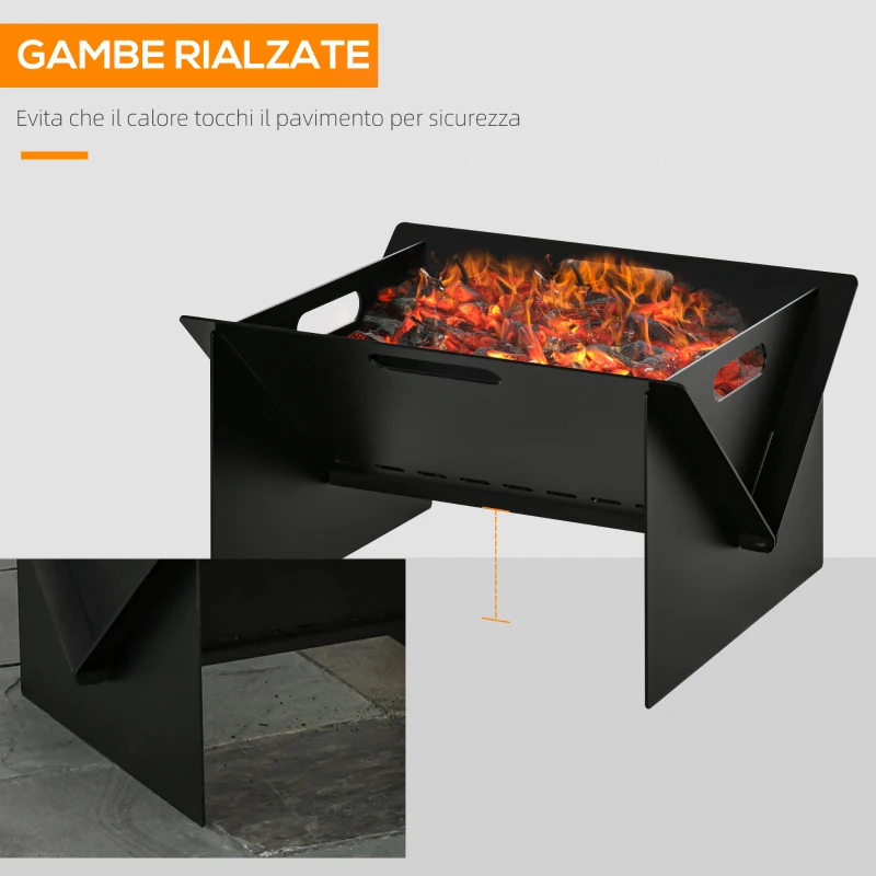 Outsunny Braciere da Giardino in Acciaio Quadrato con Maniglie, 50x45x30cm, Nero