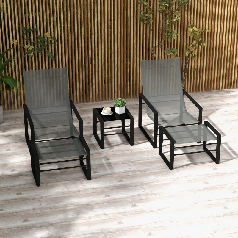 Outsunny Salon de jardin 5 pièces 2 places avec 2 fauteuils, 2 repose-pied et 1 table, métal noir, assise tissu mesh gris